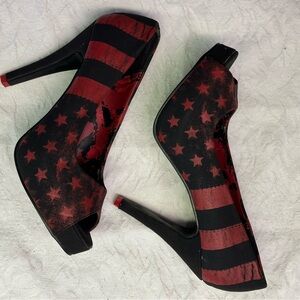 Abbey Dawn Avril Lavigne Red and Black American Flag/Star Stiletto Heels, Sz 9!